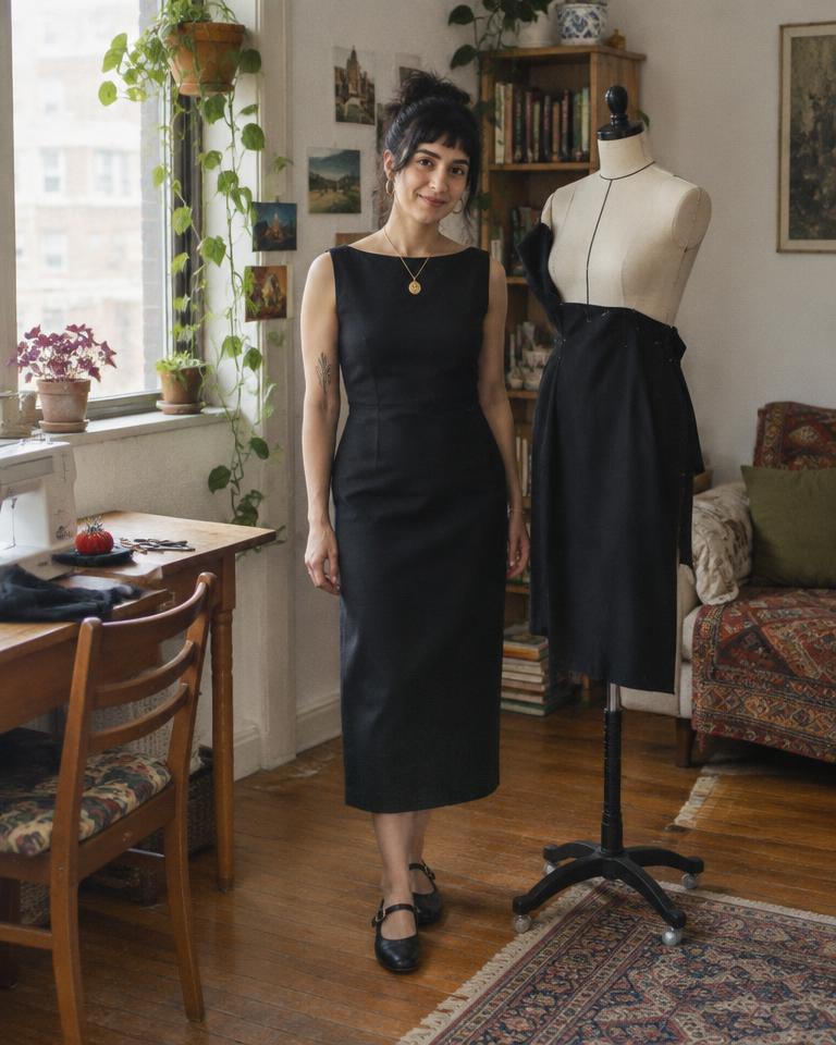 Ayşe beside her dress form wearing her shortened Column Dress