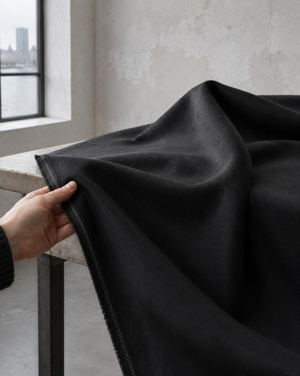 Black fluid twill draped by hand to show its weight and texture