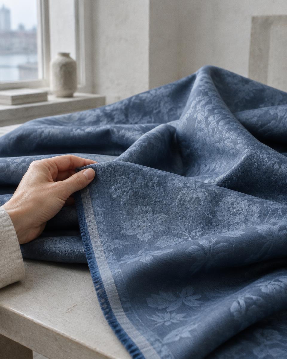 Blue cotton silk jacquard showing its woven floral pattern