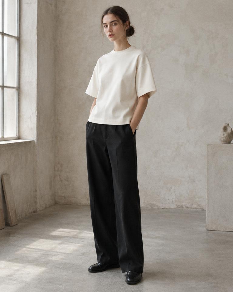 Model wearing the structured Boxy Tee in ivory cotton