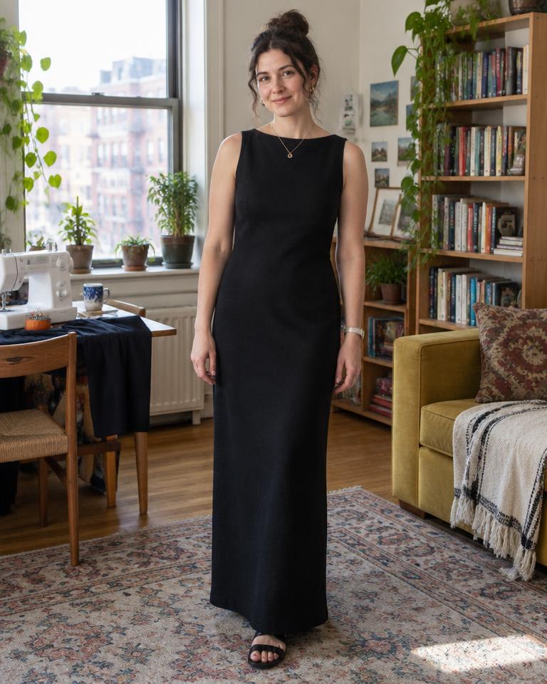 Elena at home wearing her handmade black Column Dress