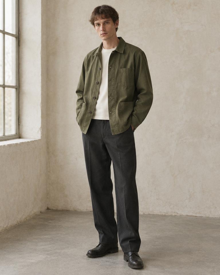 Model wearing the unstructured Jacket in olive cotton drill
