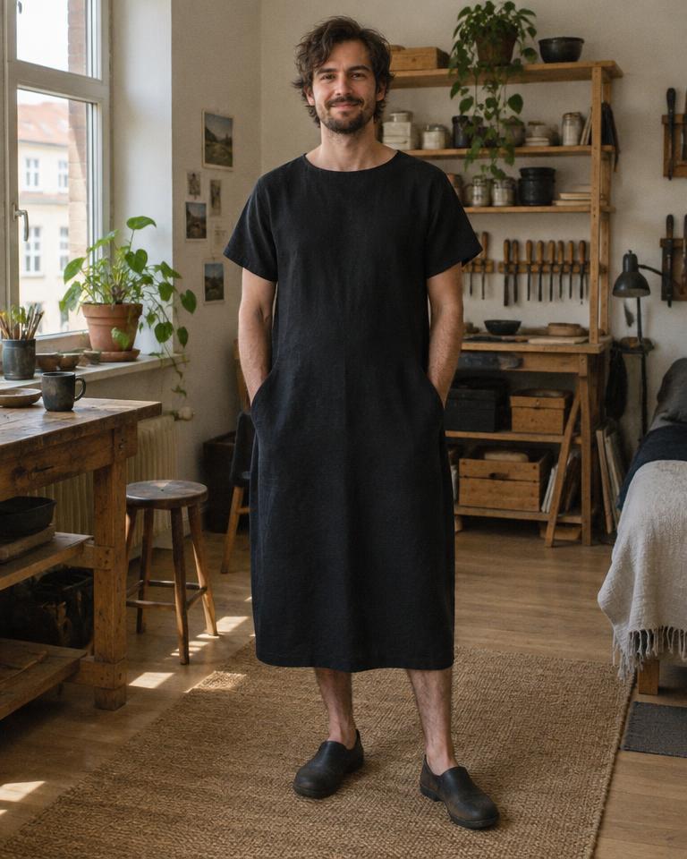 Jonas at home wearing his short-sleeve Column Dress variation