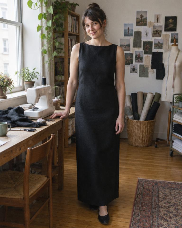 Marta in her sewing room wearing her handmade black Column Dress