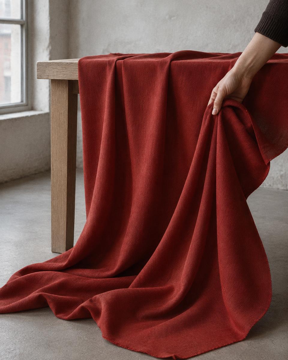 Deep red viscose cascading from a table to show its fluid drape