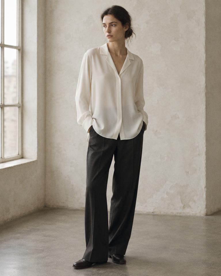 Model wearing the Relaxed Blouse in ivory silk crepe