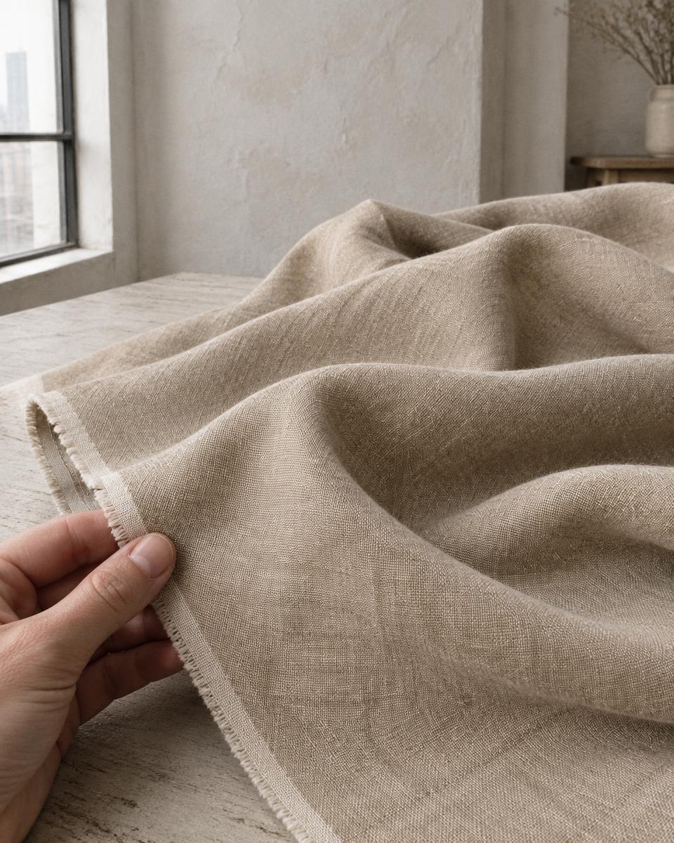 Sand linen blend arranged in soft folds to show its dry texture