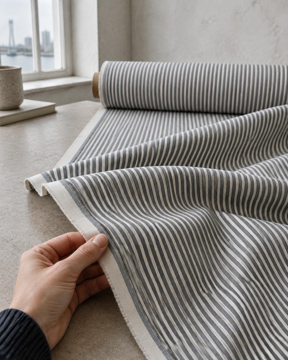 Striped Japanese cotton poplin unrolled to show its crisp structure